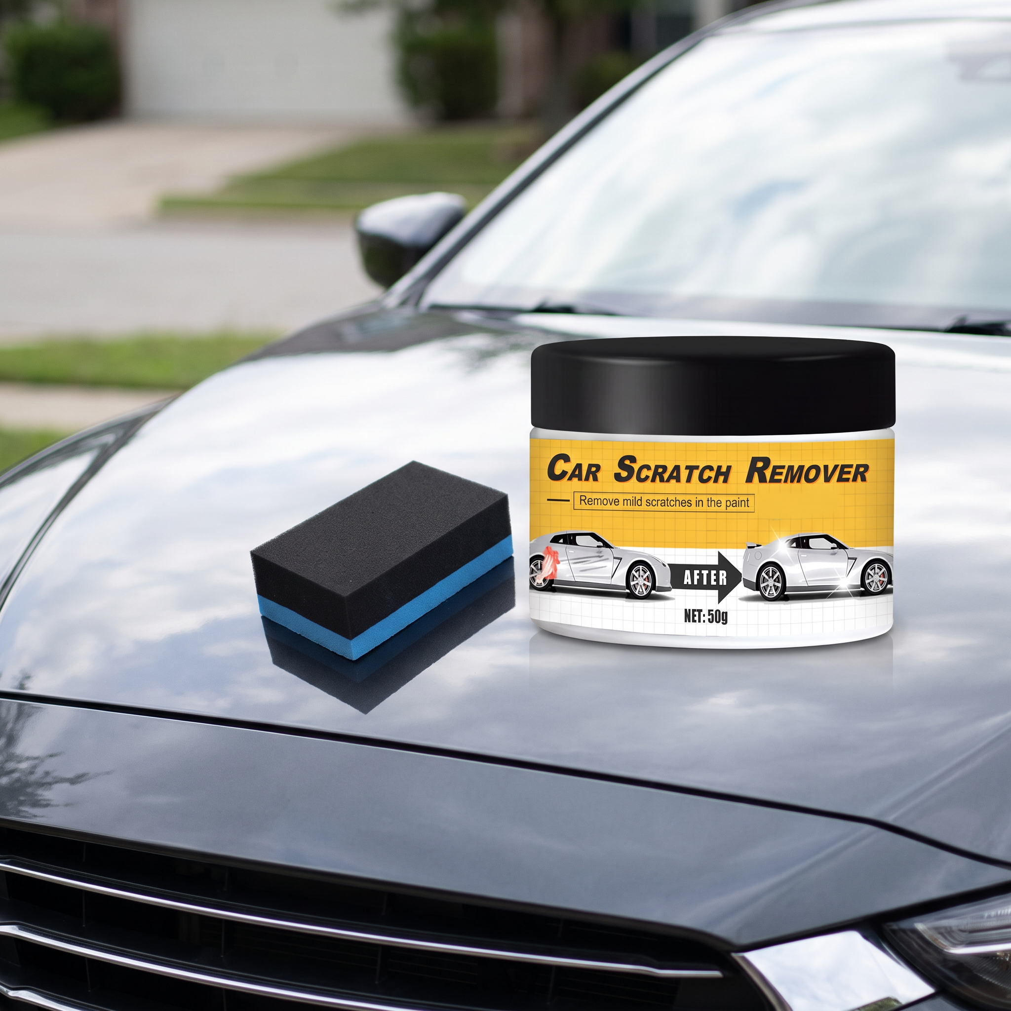 GuardMC scratch remover on the hood of a car in daylight